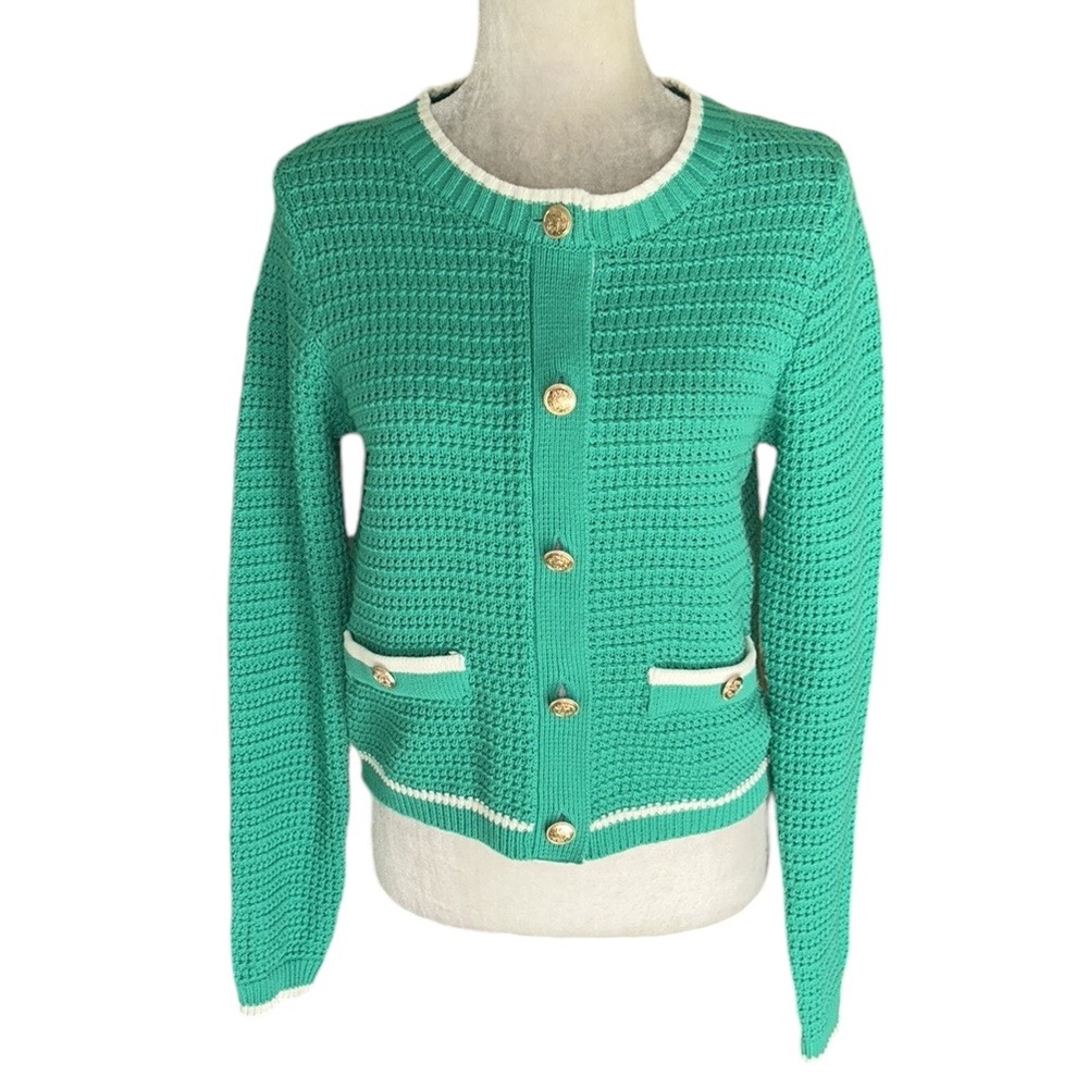 Nicole Miller Green & White Gold Crest Button Cropped Knit Cardigan - S